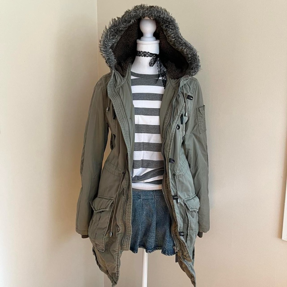 Vintage Y2K Bella Swan Green Fur Trim Military Cargo Parka Coat Jacket Hoodie M - Picture 3 of 14